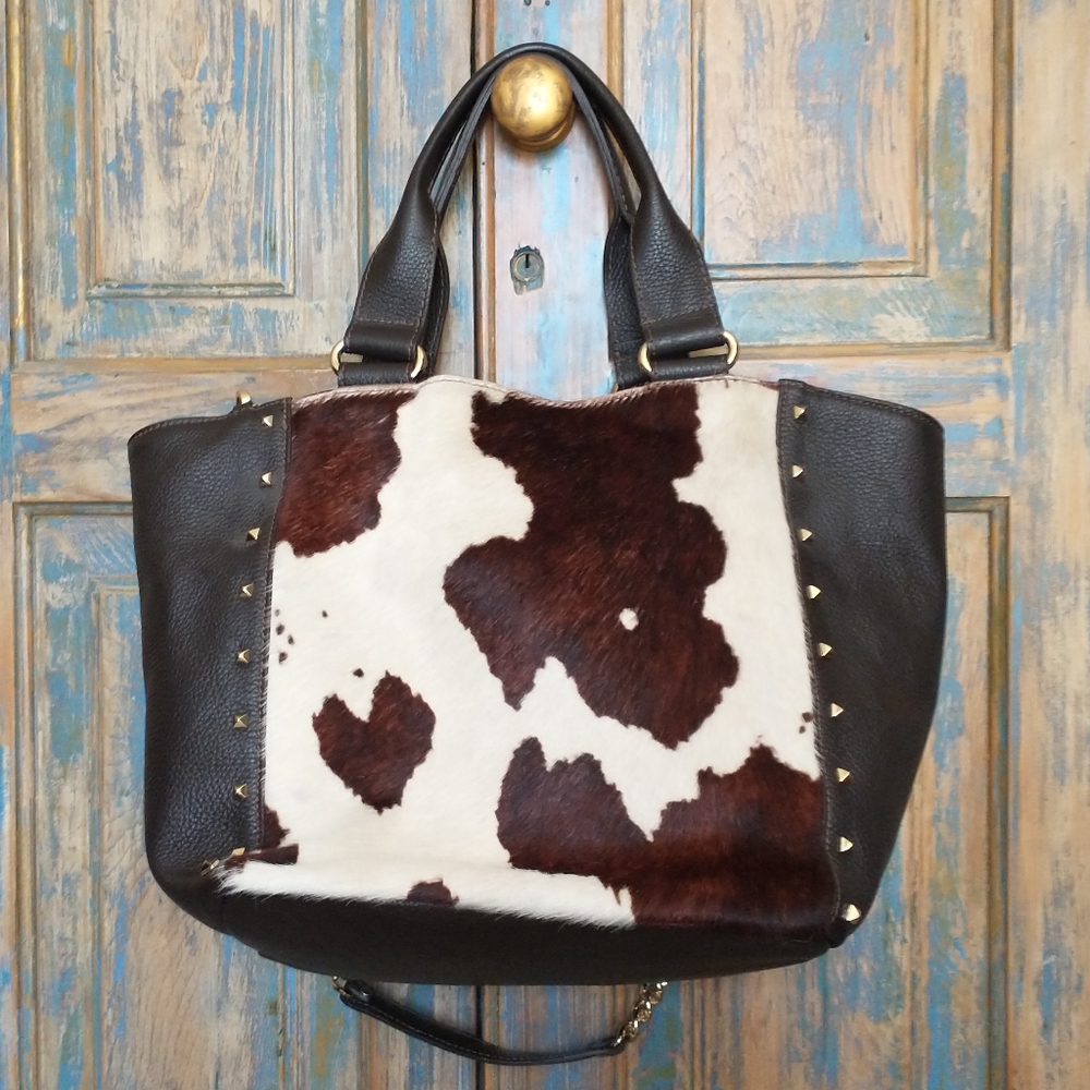 NWT! Pulicati calf hair & brown leather soft slouchy tote, studs, chain strap - Picture 2 of 6